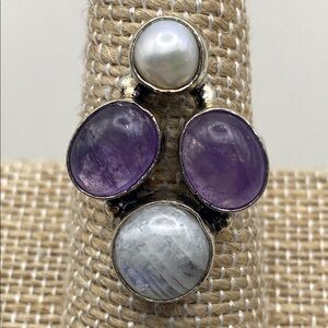 New Multi Stone Amethyst Moonstone and Faux Pearl Silver Overlay Ring Size 8